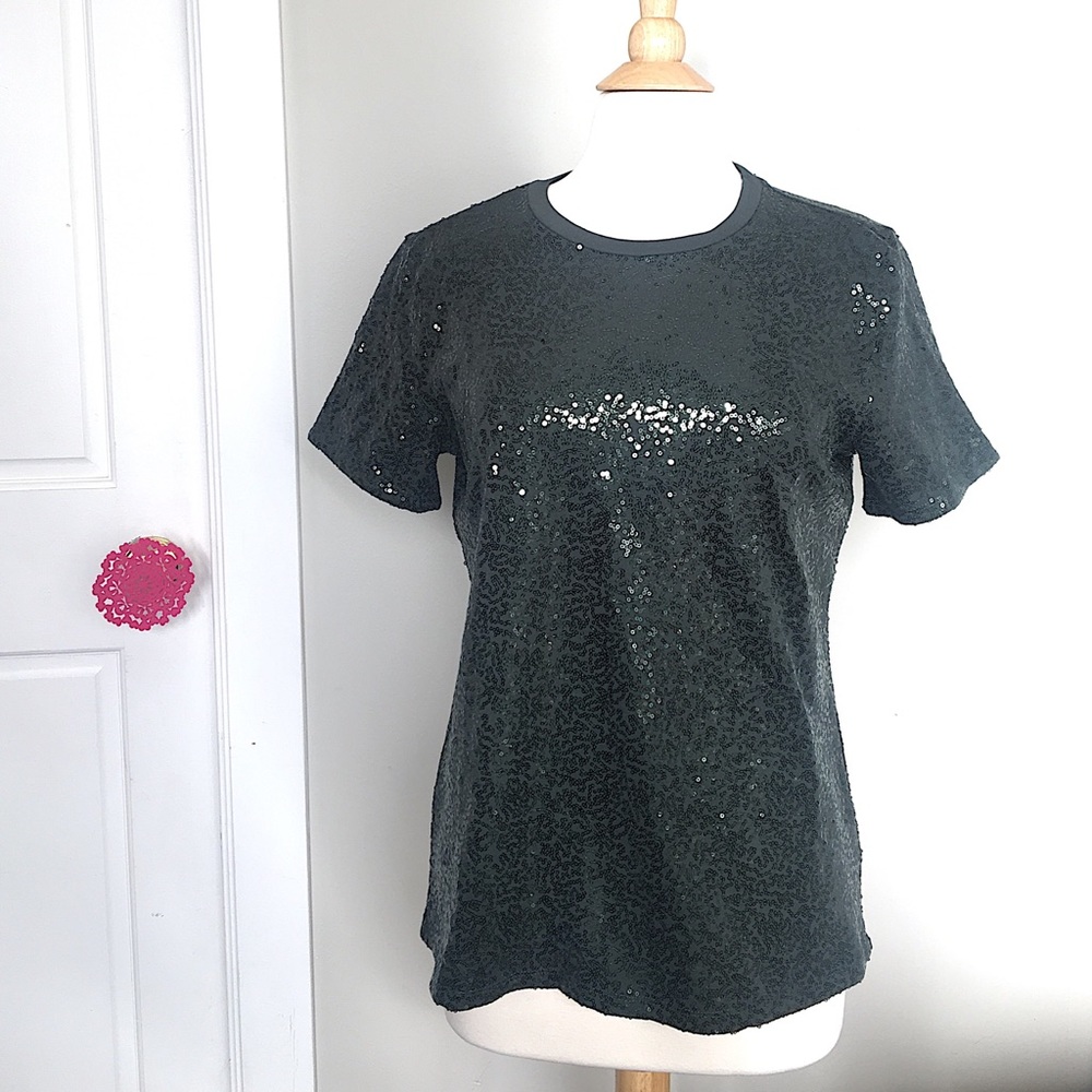 DKNY moss green sequin short sleeved shirt size M